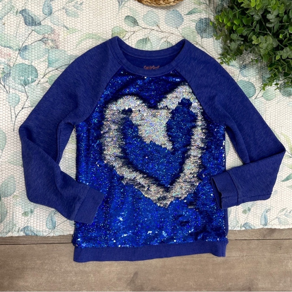 Cat & Jack Blue/Silver Sequin Girls Kids Sweatshirt Size Medium 7/8